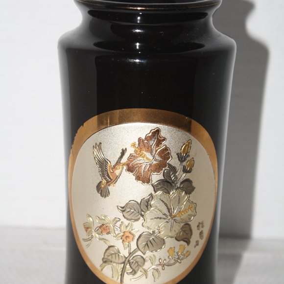 Vintage Chokin Gold and Silver inlay design Black Ceramic Vase 6 inches tall - Picture 1 of 6